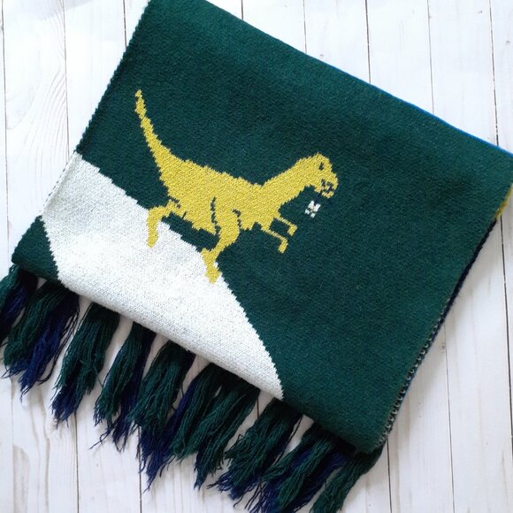 Urban Outfitters Dinosaur Scene Knit Scarf with Fringe Green Blue - Picture 1 of 9
